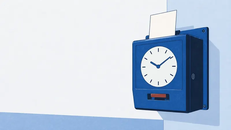A wall-mounted punch clock with a blank time card slotted into it.