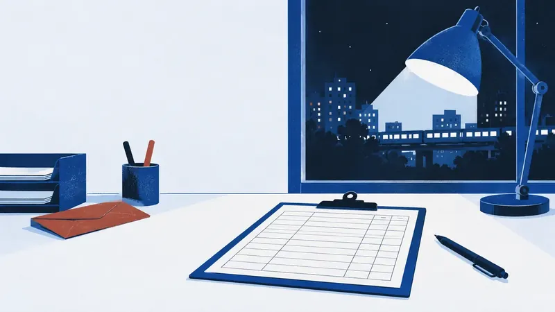 A desk lamp lighting a blank clipboard timesheet late at night.