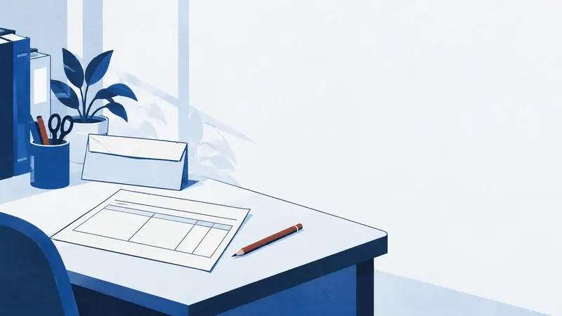 A desk corner with a blank paper pay slip and a pencil against a pale blue wall.