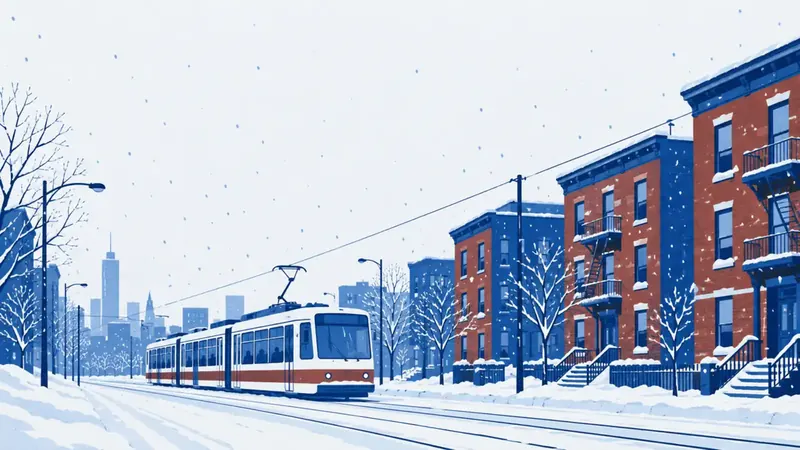 A snowy city street with a streetcar passing brick walk-up apartment buildings.