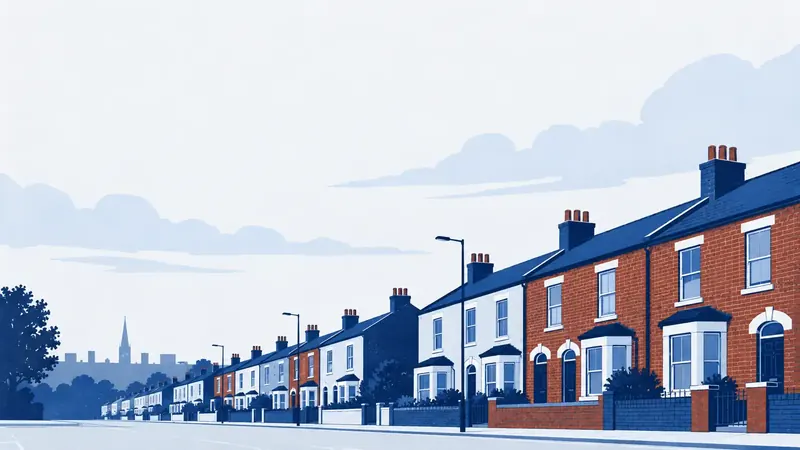 A terraced street of brick row houses with chimney pots under an overcast sky.